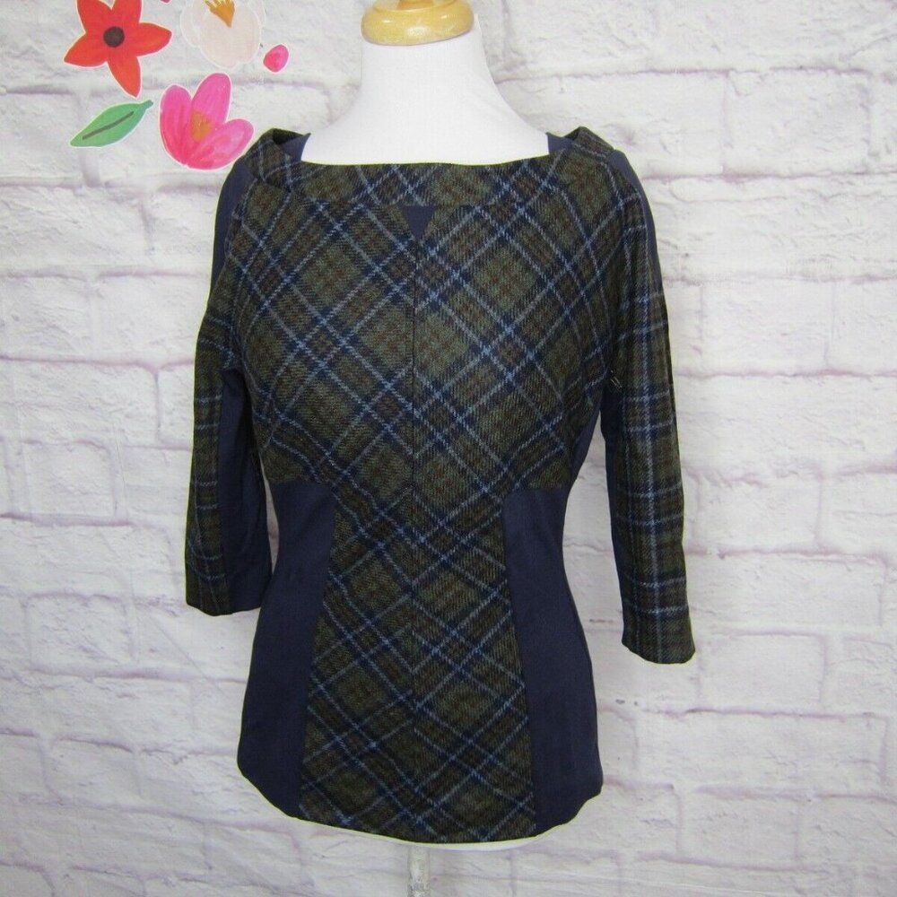 L.A.M.B. Gwen Stefani Green & Navy Plaid Ponti Wool Cashmere Blend Top size 8